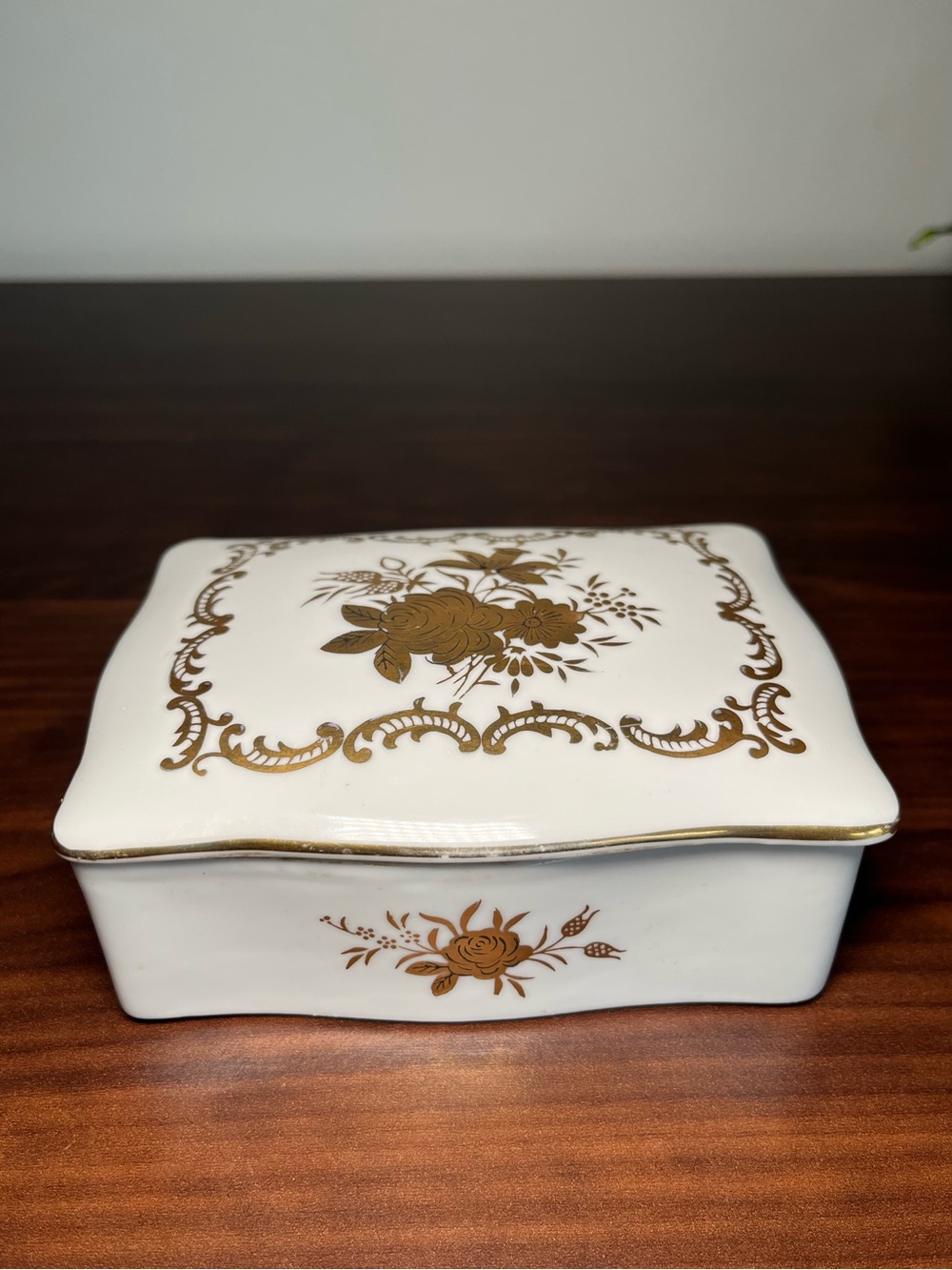 Vintage ESD White & Gold Porcelain Jewelry Box | Floral Trinket Box